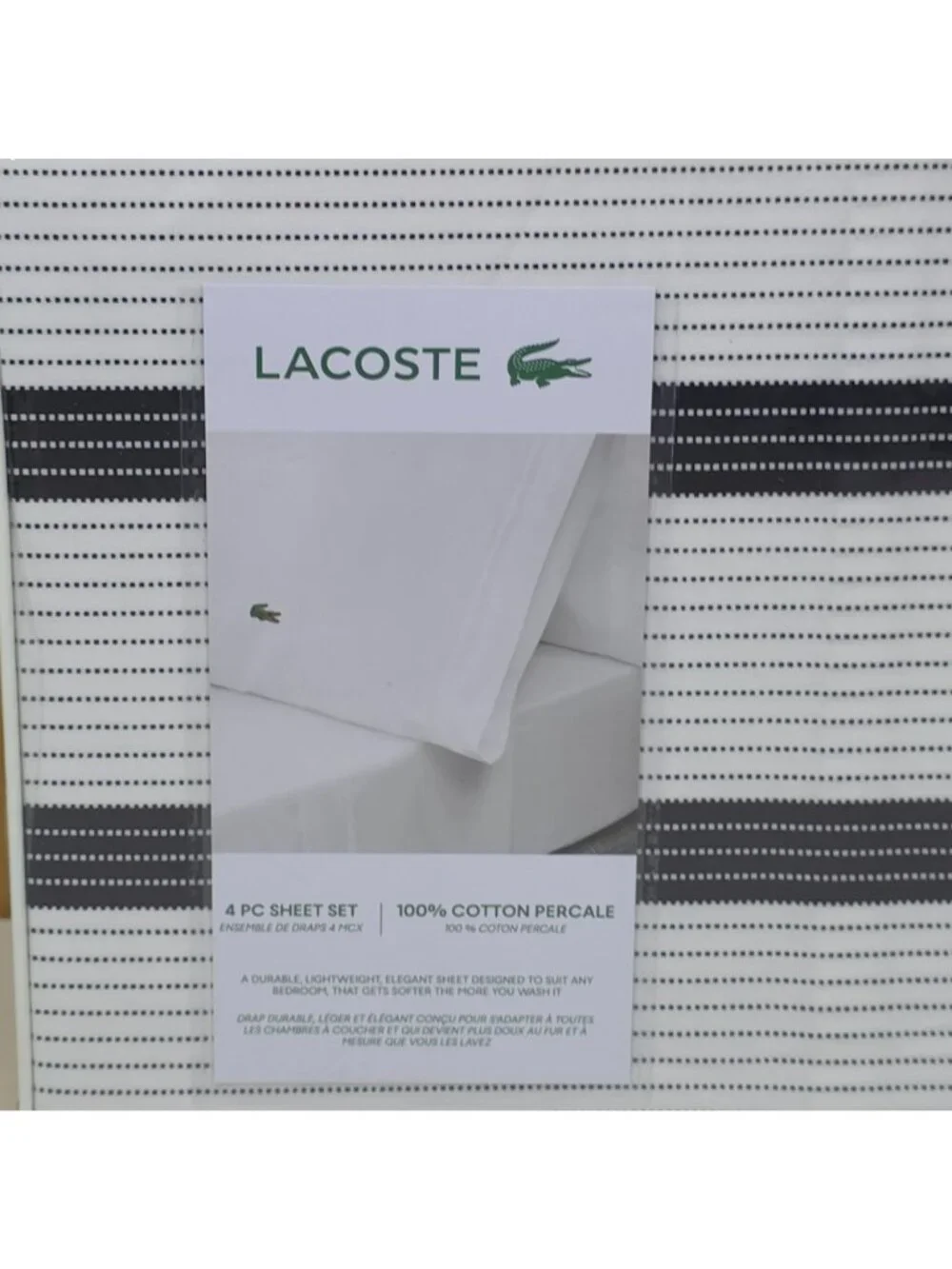 Lacoste King 4 Piece Cotton Percale Sheet Set Archive Phantom Stripe Black White